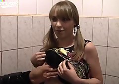 Slutty college student blows two huge cocks in the restroom