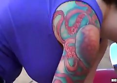 Huge tits tattooed chick gets reamed and jizzed on